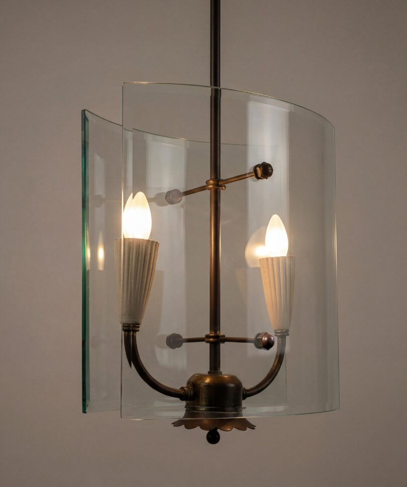 Lámpara Colgante Pietro Chiesa para Fontana Arte en Cristal Curvado y Latón 1940s