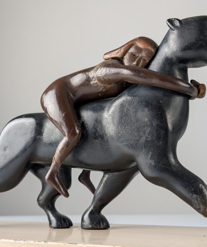 Ariadna y la Pantera, Escultura Art Déco en Madera y Latón 1920s - Imagen 2