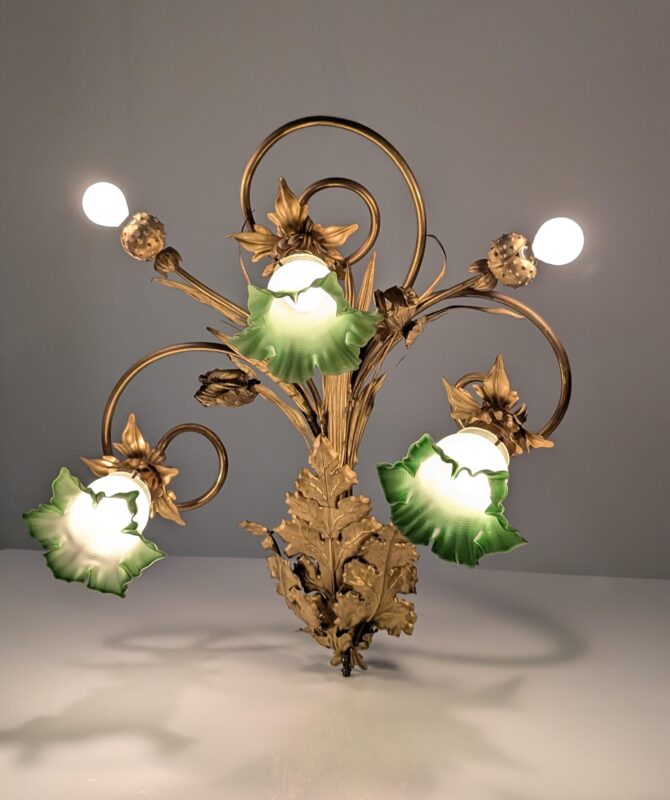 Aplique Art Nouveau de Hojas de Castaño y Cristal Verde, 1900s - Imagen 3