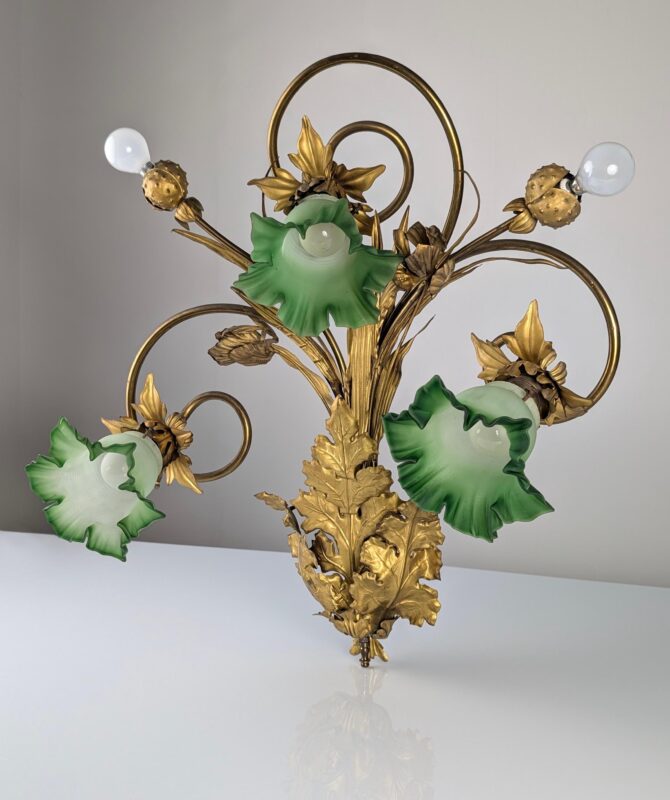 Aplique Art Nouveau de Hojas de Castaño y Cristal Verde, 1900s - Imagen 4