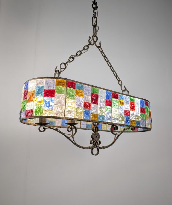 Gran Lámpara Italiana de Cristal Martillado Multicolor y Hierro Forjado - Imagen 7