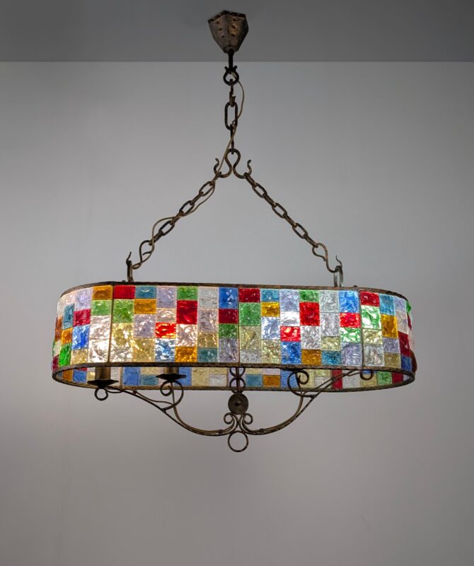 Gran Lámpara Italiana de Cristal Martillado Multicolor y Hierro Forjado - Imagen 2