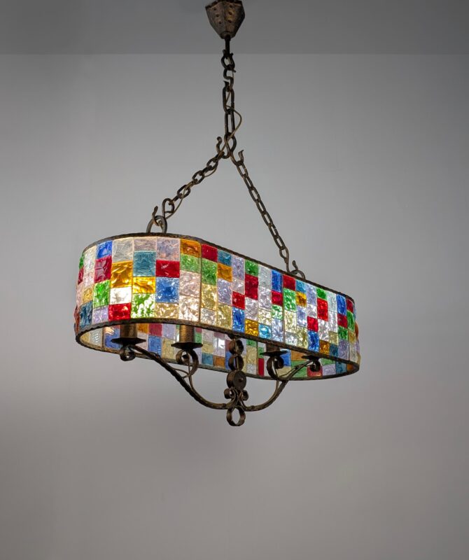 Gran Lámpara Italiana de Cristal Martillado Multicolor y Hierro Forjado - Imagen 3