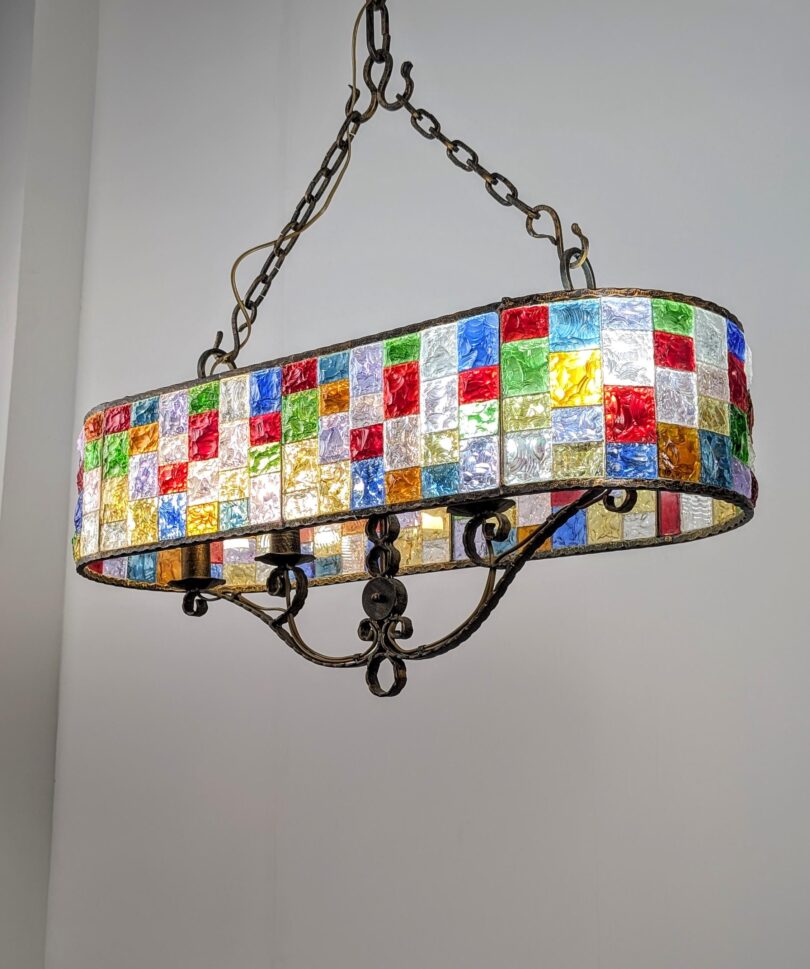 Gran Lámpara Italiana de Cristal Martillado Multicolor y Hierro Forjado
