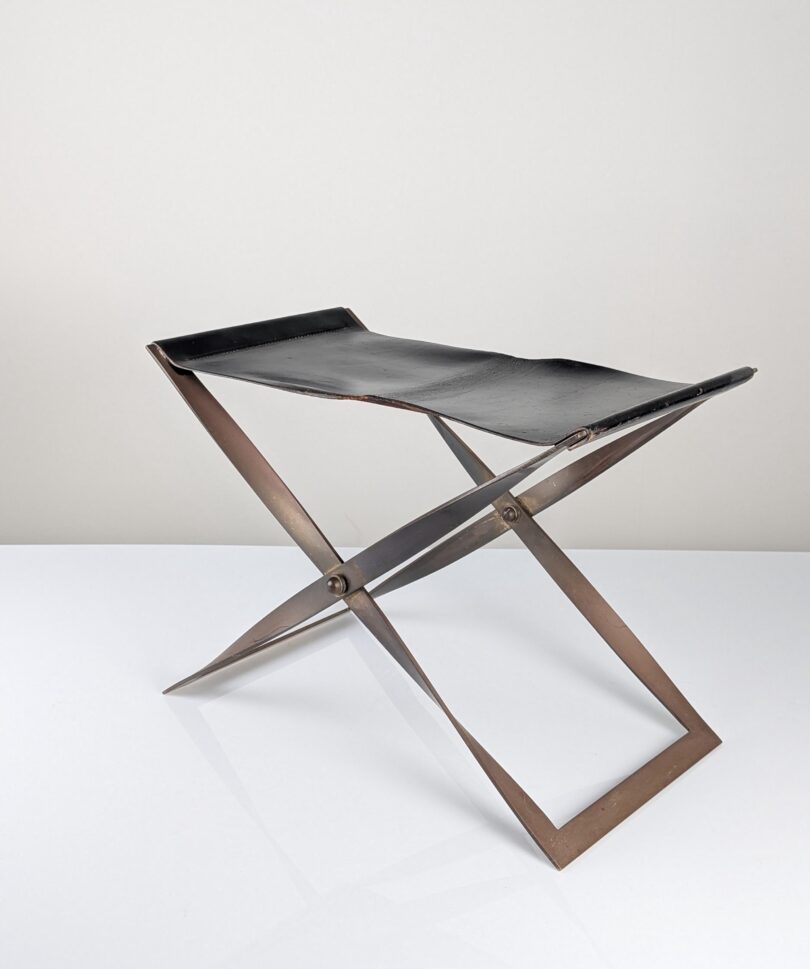 Taburete Plegable de Acero y Cuero, Dinamarca, 1960s