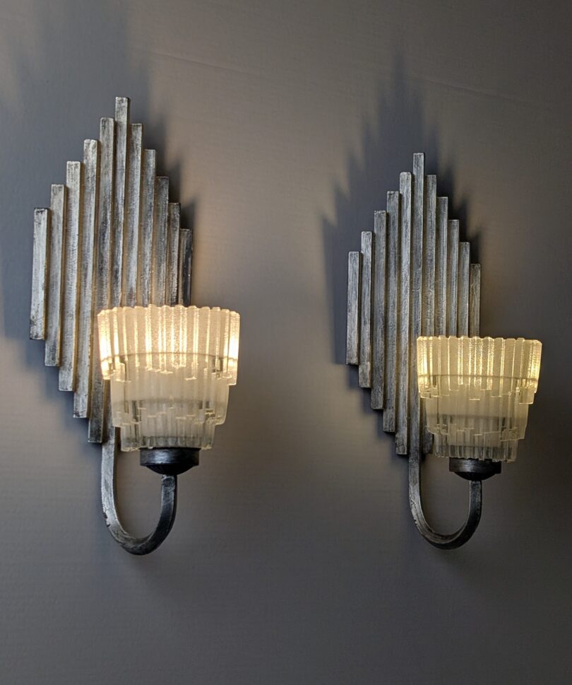 Pair of Ferro Art Iron and Glass Wall Sconces Art Deco Style 1970s