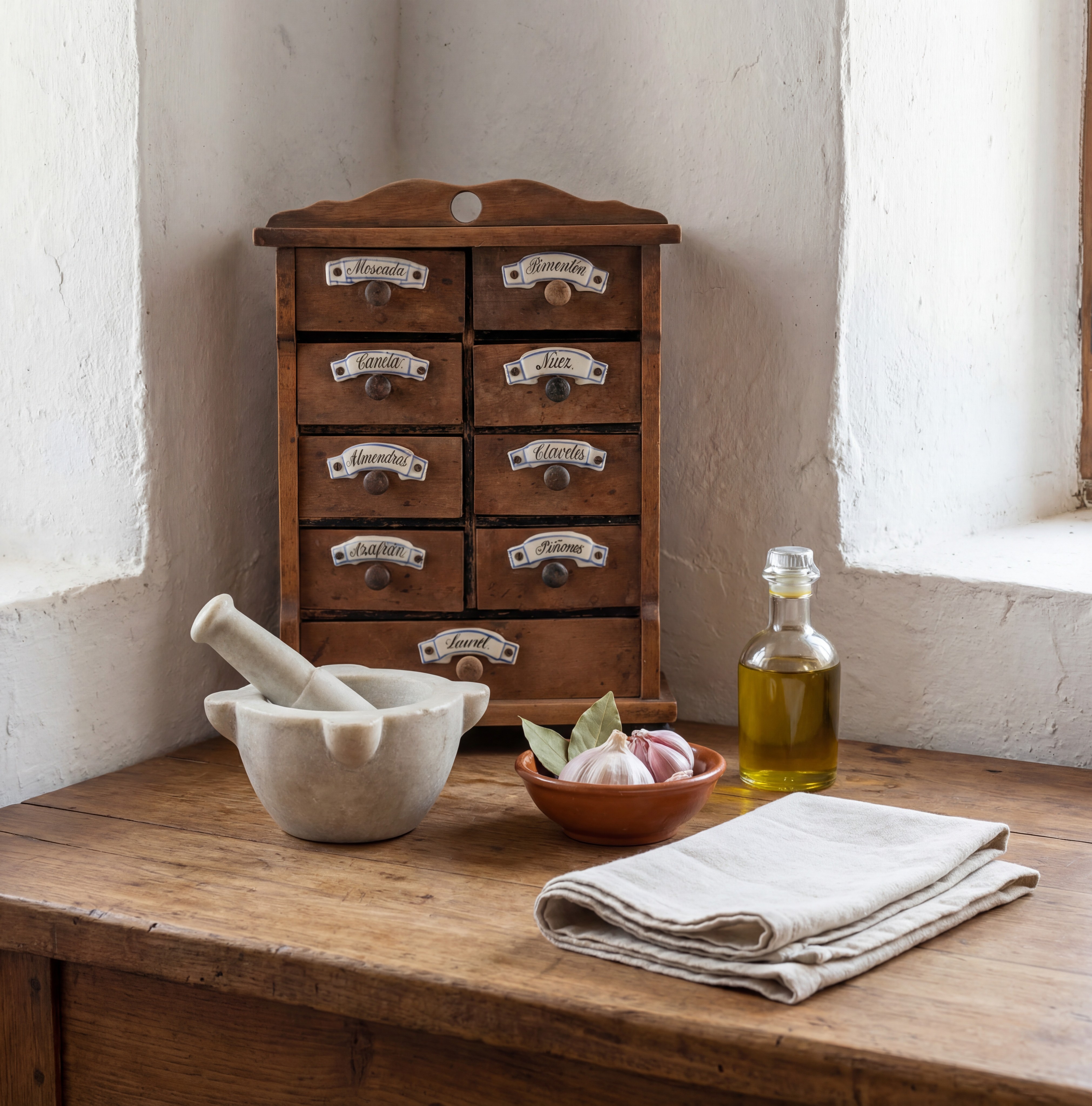 Especiero Rústico Español de Madera con Etiquetas de Cerámica 1930s - Imagen 3