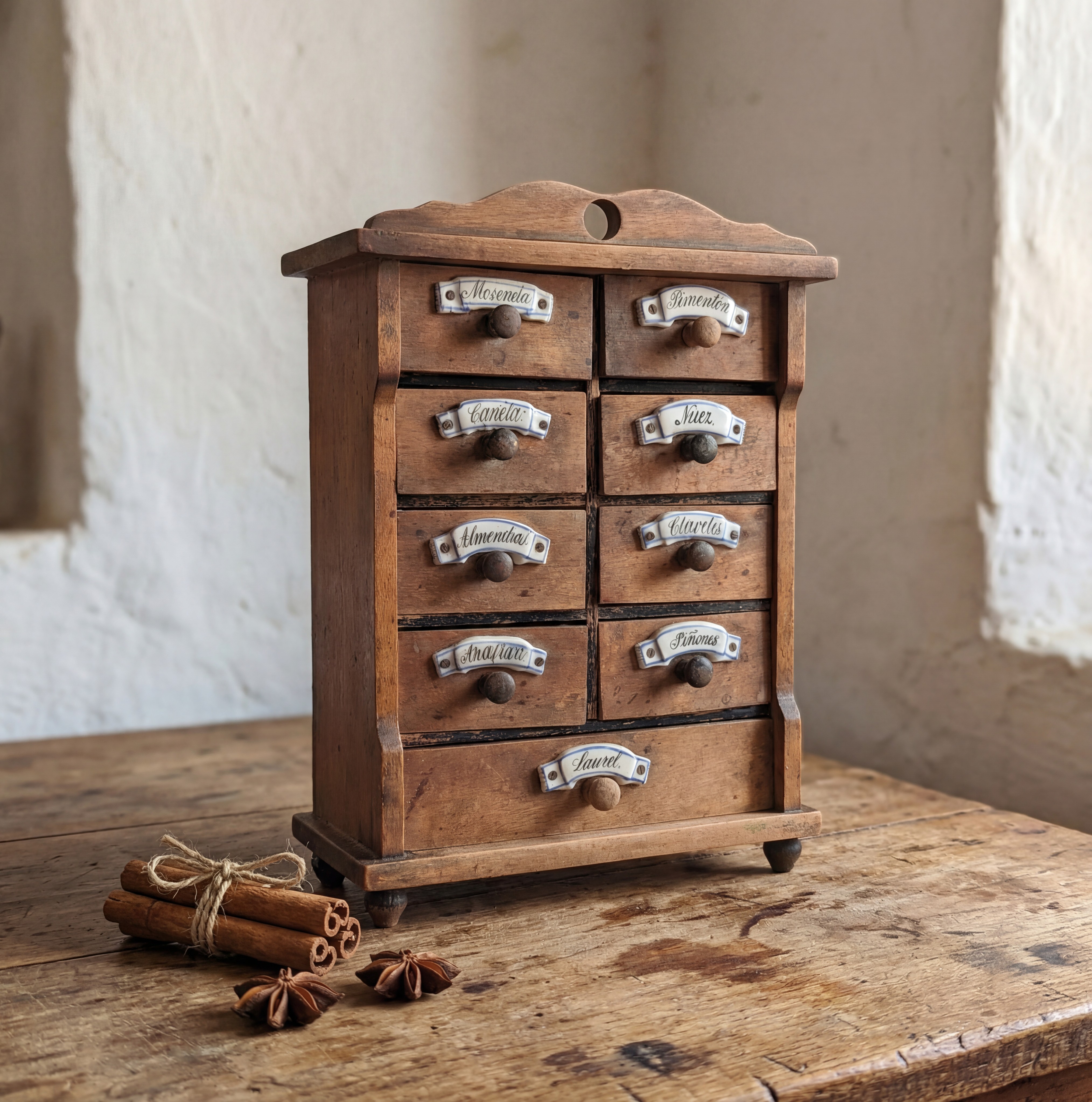Especiero Rústico Español de Madera con Etiquetas de Cerámica 1930s - Imagen 2
