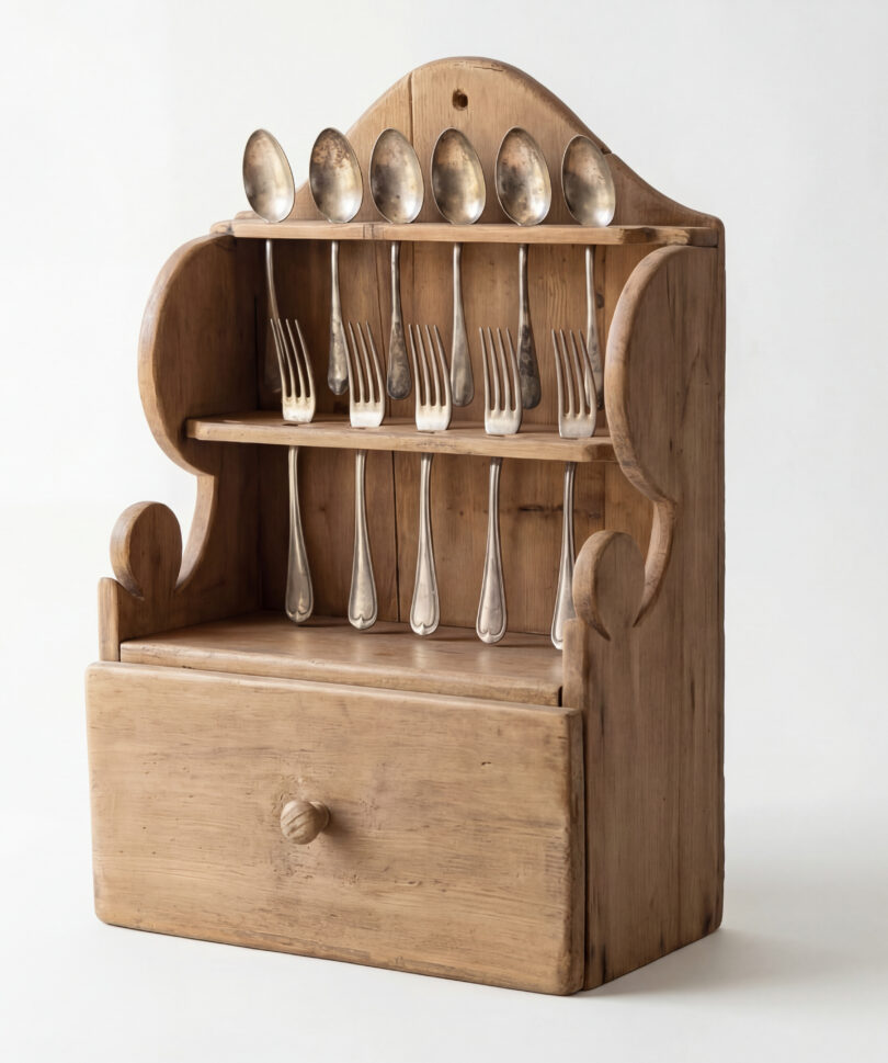 Mueble de pared para cubiertos en madera de pino rústica con cajón, 1950s