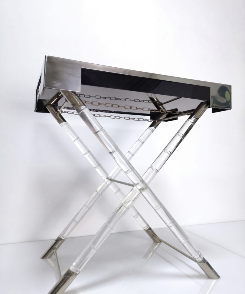 Mesa Bandeja Estilo Maison Jansen Lucite Falso Bambú y Cromo 1970s