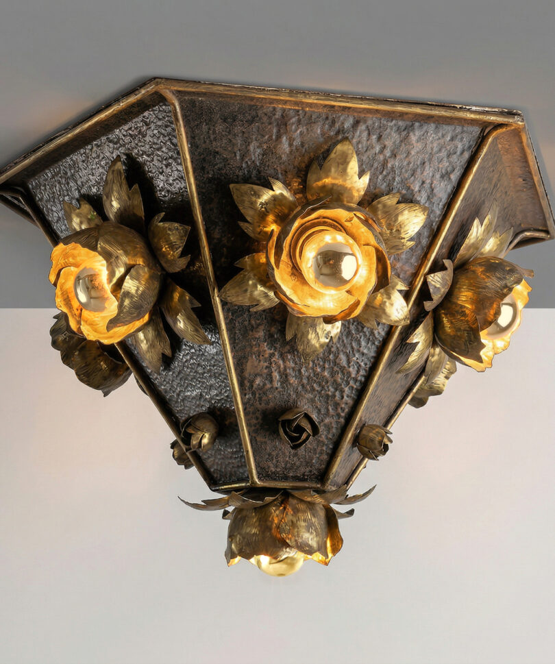 Lámpara de Techo Floral de Latón Estilo Hans Kögl, Alemania, 1970s