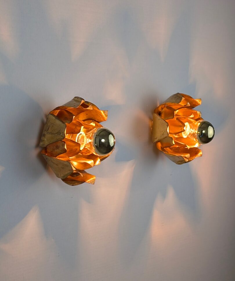 Par de Apliques Florales de Metal Dorado, Hans Kögl, 1970s