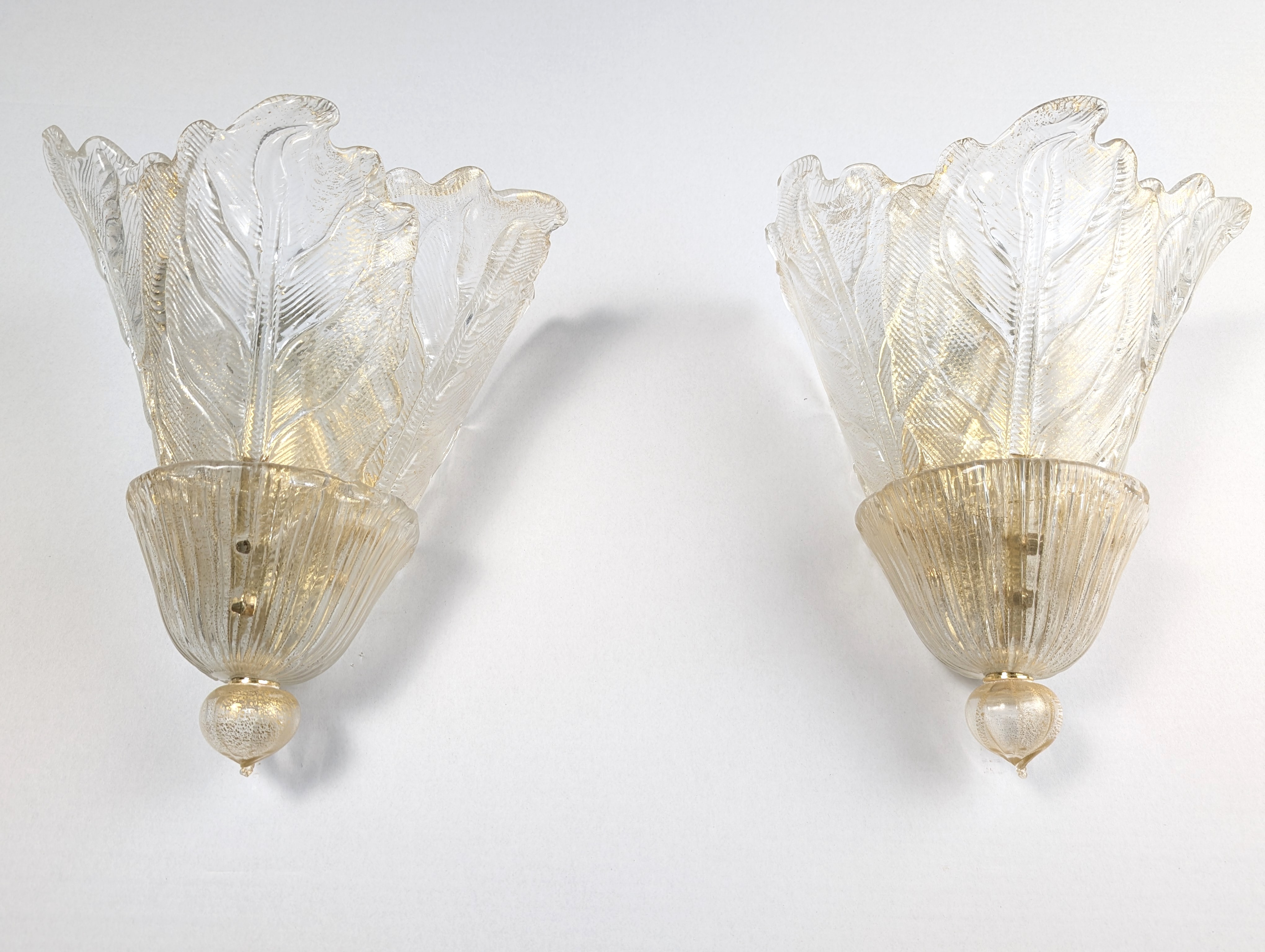Par de Apliques Barovier & Toso Murano Foglia d'Oro, 1980s - Imagen 7
