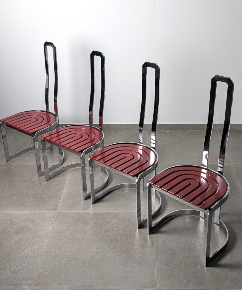 Sillas Postmodernas en Acero Cromado y Madera Roja, set de 4, 1980s