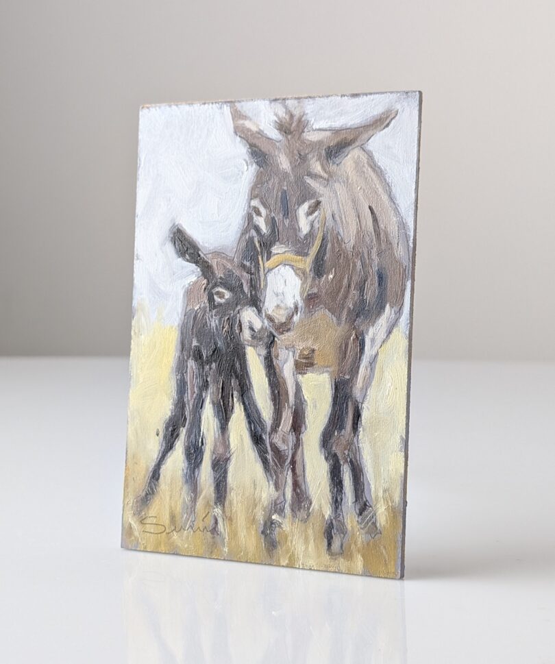 Retrato de Maternidad Animal, Burros , Óleo sobre Tabla, 20th Century