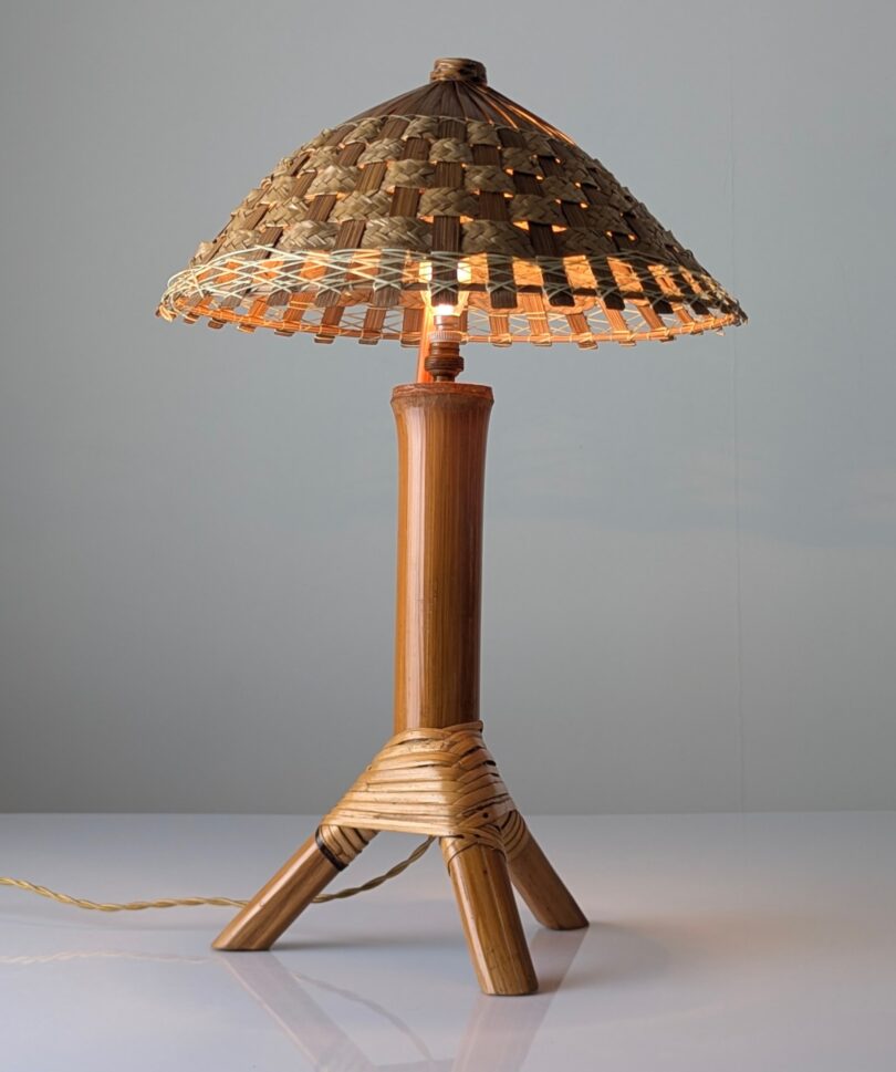 Lámpara de Mesa de Bambú y Ratán con Pantalla Tejida, 1950s