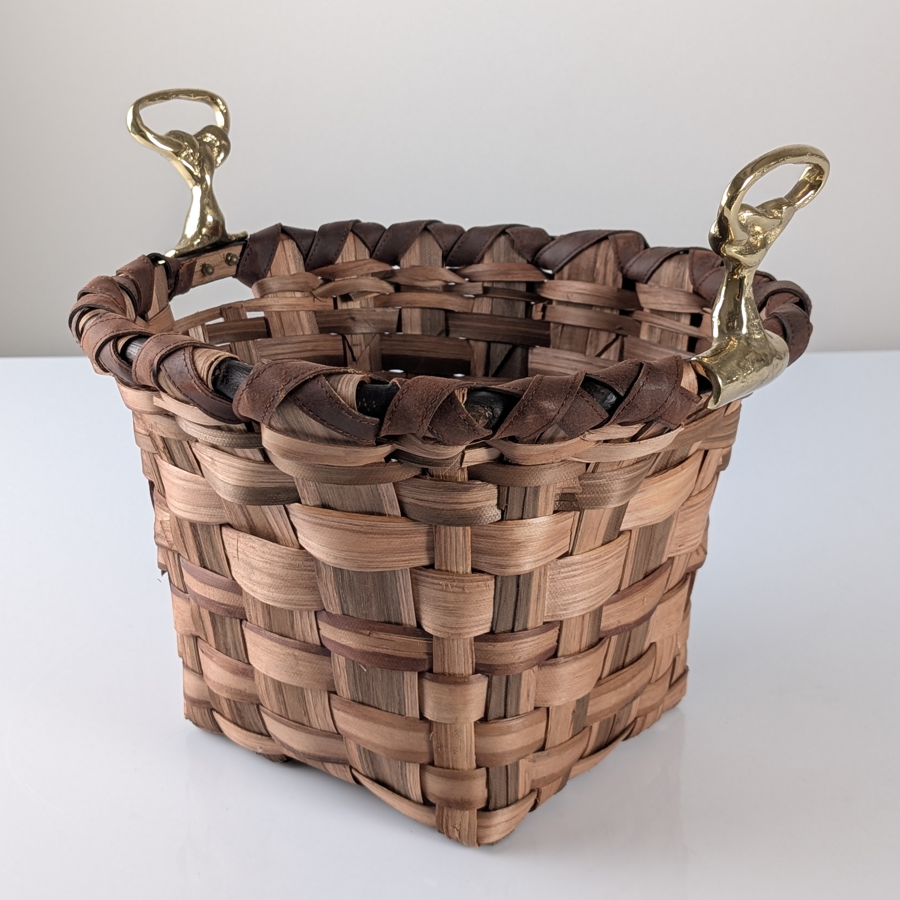 David Marshall Brutalist Splint Wood and Cast Brass Basket, 1970s