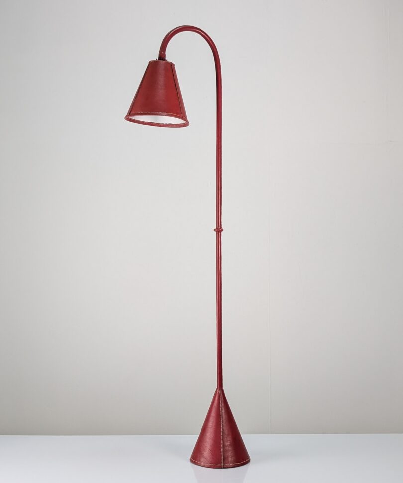 Lámpara de Pie Jacques Adnet en Cuero Rojo, Mid-Century Modern, Francia, 1960s
